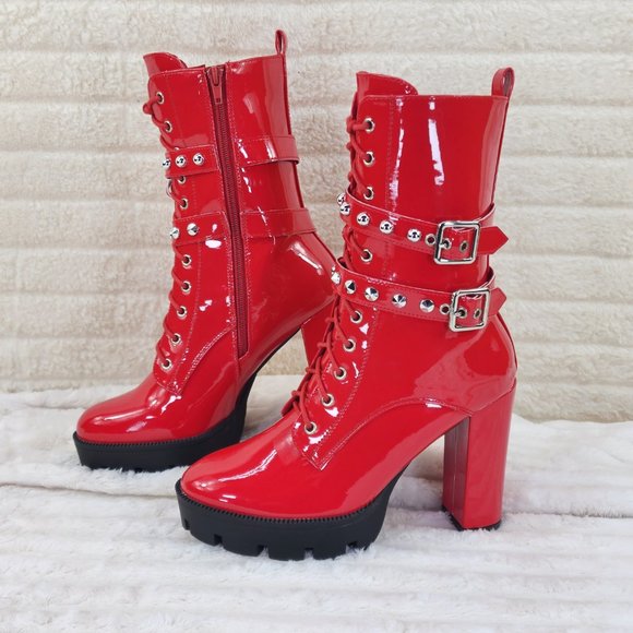 Bright Red Patent Lug Sole Studded Strap Ankle Boots Temptress - Picture 3 of 11